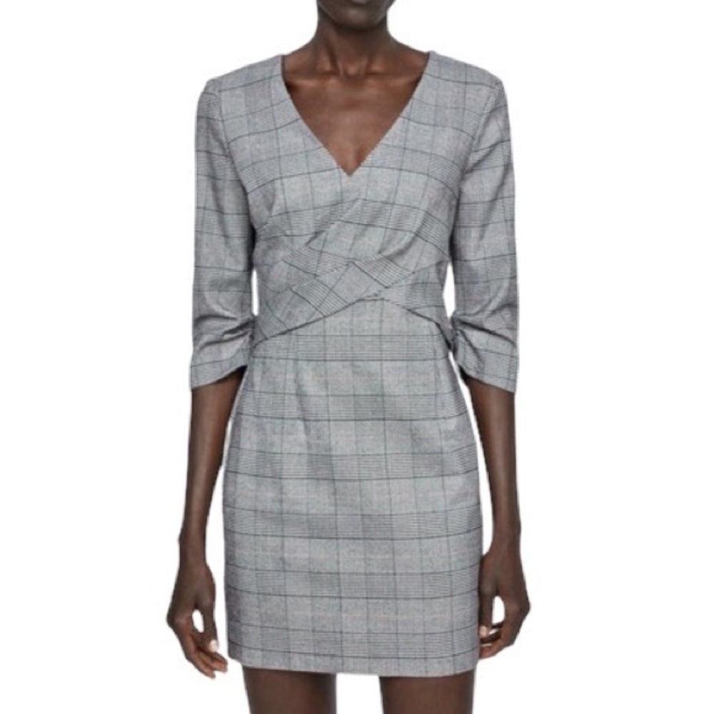 Zara Grey Plaid 3/4 Ruched Sleeve Mini Dress